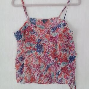 American Eagle Womens‎ Tank M Red Floral Crop Top Cami Ruffle Strappy Chiffon